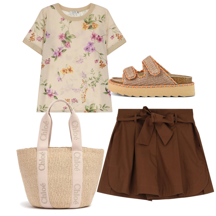 Outfit donna - Pomeriggio libero. Stile Romantica per Tutti i giorni. Abbinamento con t-shirt, shorts, sandali, shopping bag.