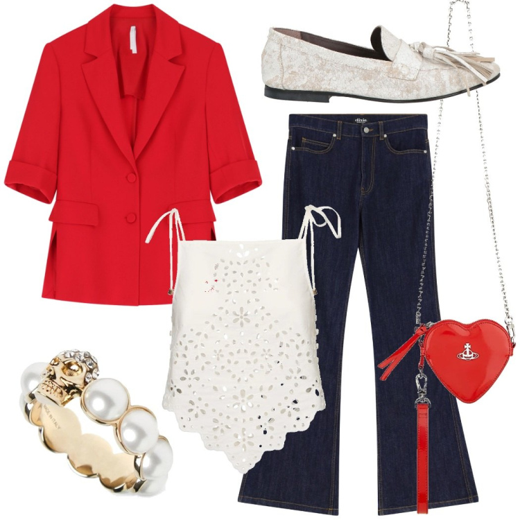 Outfit donna - Total look #2180443. Stile Casual chic per Serata fuori. Abbinamento con borse a tracolla, mocassini, blazer, jeans a zampa, anelli, top.