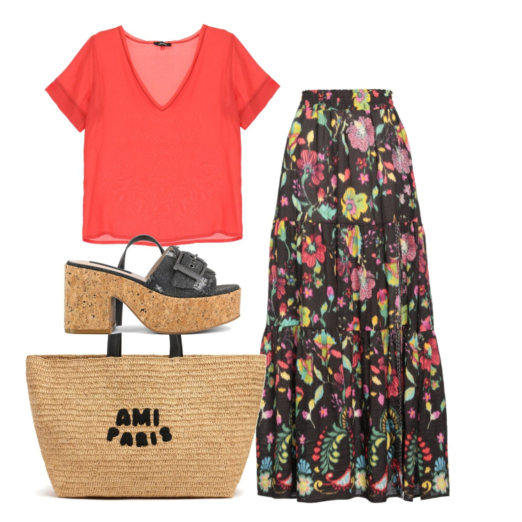 Outfit donna - Boho. Stile Boho per Tutti i giorni. Abbinamento con gonne lunghe, t-shirt, sandali, borse tote.
