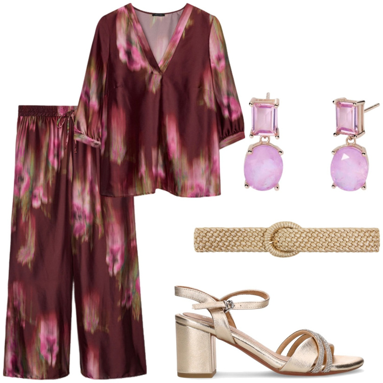 Outfit donna - Completo stampa floreale. Stile Romantica per Serata fuori. Abbinamento con cinture, orecchini, pantaloni a palazzo, bluse, sandali in pelle.