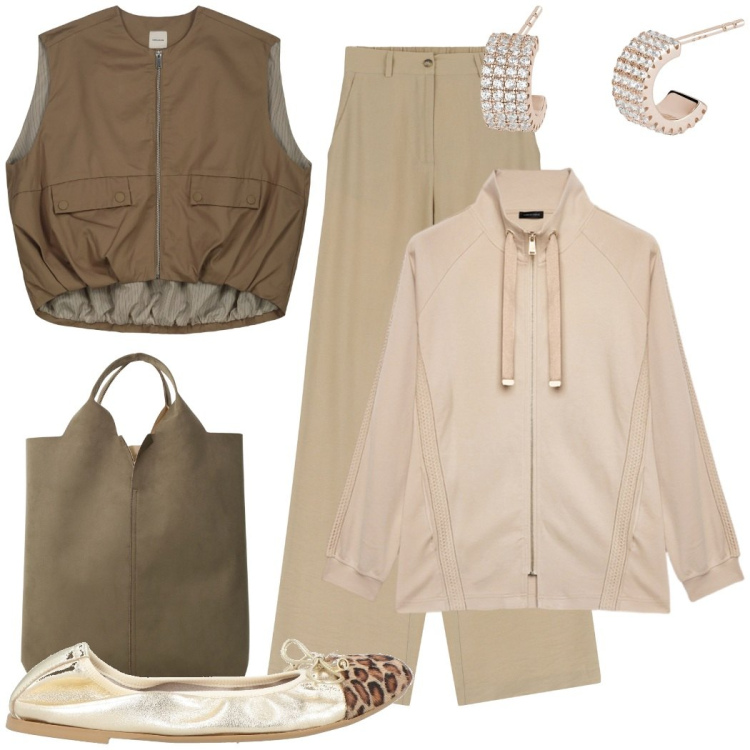 Outfit donna - Sporty chic in ufficio. Stile Sporty chic per Ufficio. Abbinamento con ballerine, orecchini, pantaloni, shopping bag, felpe, gilet.