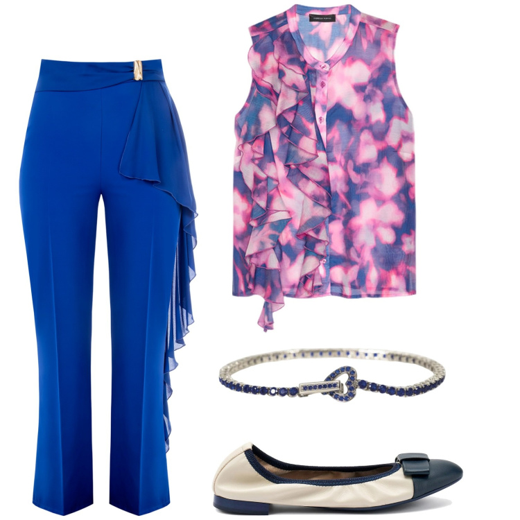 Outfit donna - Completo chic. Stile Chic per Serata fuori. Abbinamento con braccialetti, pantaloni, top, ballerine.