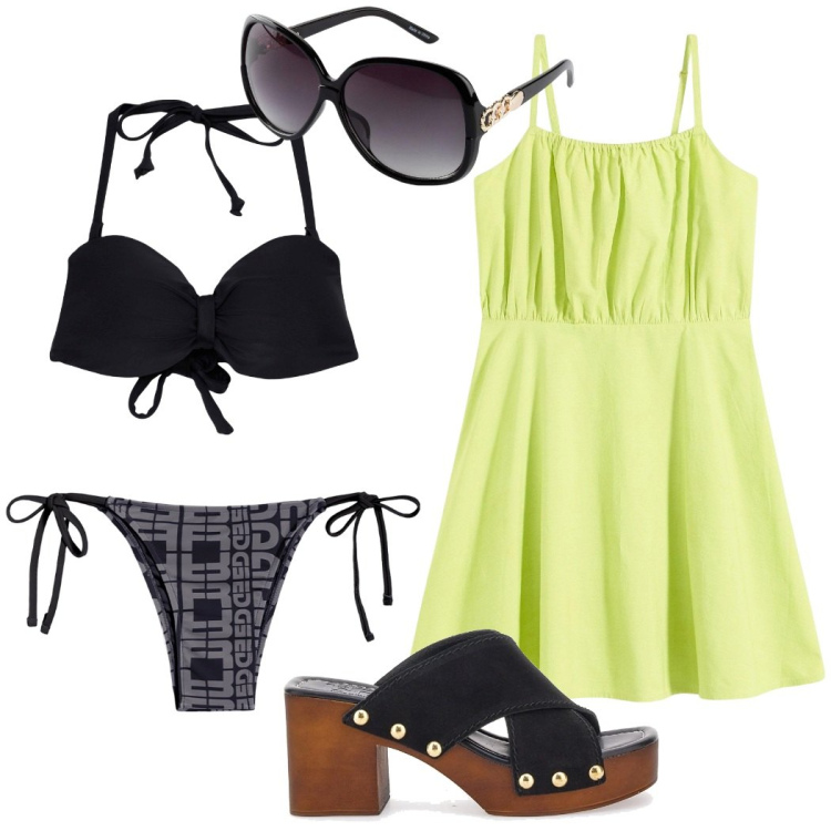 Outfit donna - Mare. Stile Casual per Mare. Abbinamento con occhiali da sole, vestiti corti, bikini, bikini, zoccoli.