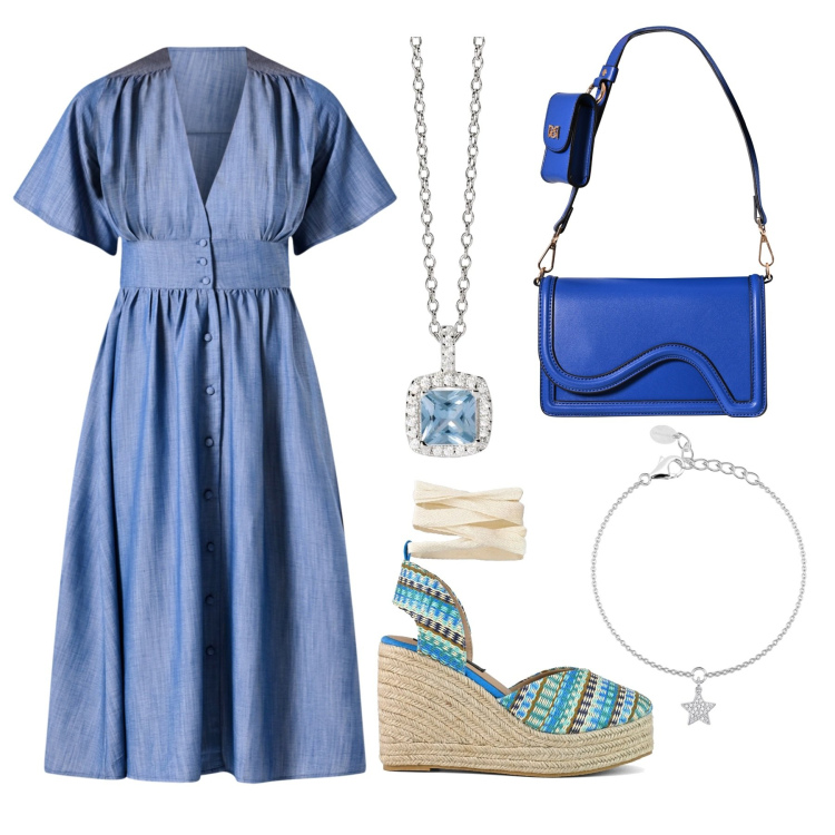 Outfit donna - Total look #2180458. Stile Casual per Tutti i giorni. Abbinamento con braccialetti con ciondoli, collane, pochette, vestiti chemisier, zeppe.