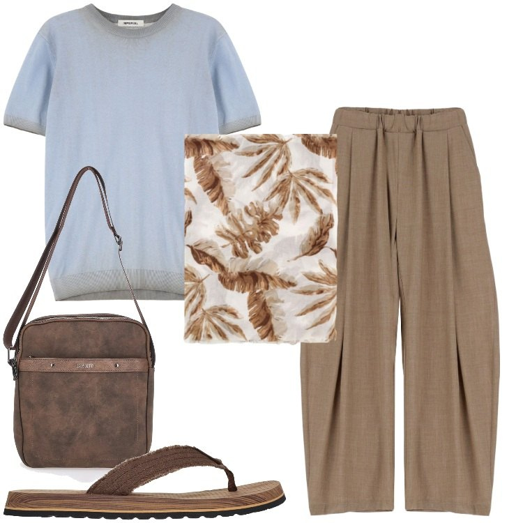 Outfit uomo - Passeggiata sul lungomare. Stile Trendy per Mare. Abbinamento con maglieria, pantaloni, sciarpe e foulard, sandali, portafogli.