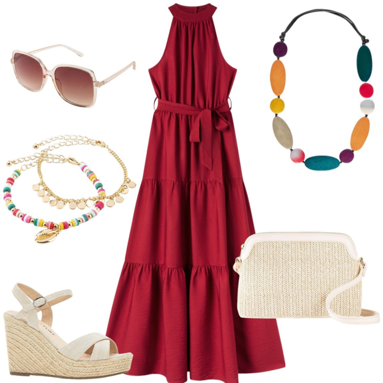 Outfit donna - Total look #2180467. Stile Boho per Tutti i giorni. Abbinamento con sandali, borse a tracolla, occhiali da sole, braccialetti con ciondoli, vestiti lunghi, collane.