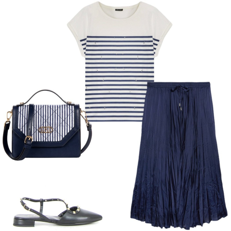 Outfit donna - Coordinati leggeri. Stile Casual chic per Ufficio. Abbinamento con borse a mano, gonne lunghe, sandali in pelle, t-shirt.