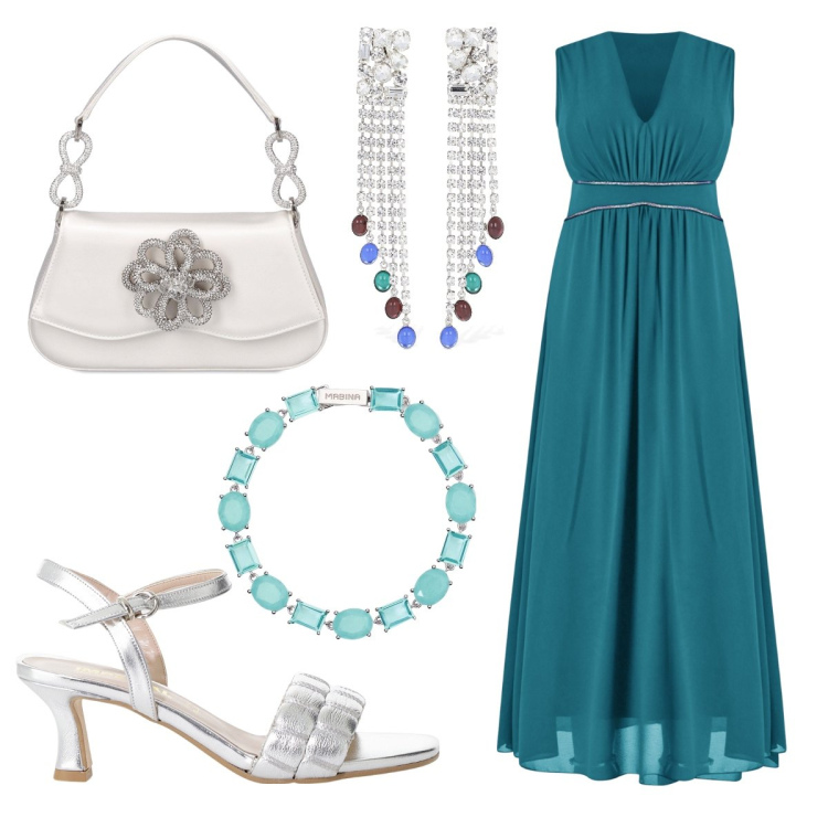 Outfit donna - Cerimonia in verde. Stile Chic per Cerimonia. Abbinamento con braccialetti, vestiti lunghi, sandali col tacco, orecchini, borse a mano.