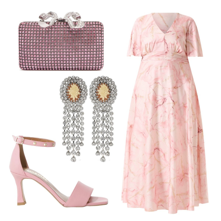 Outfit donna - La mamma della sposa. Stile Chic per Cerimonia. Abbinamento con vestiti lunghi, sandali col tacco, pochette, orecchini.