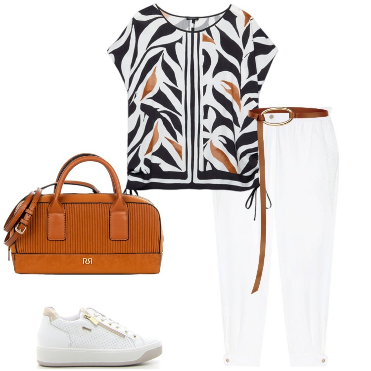 Outfit donna - Coordinati leggeri. Stile Casual chic per Ufficio. Abbinamento con borse a mano, cinture, bluse, pantaloni, sneakers.
