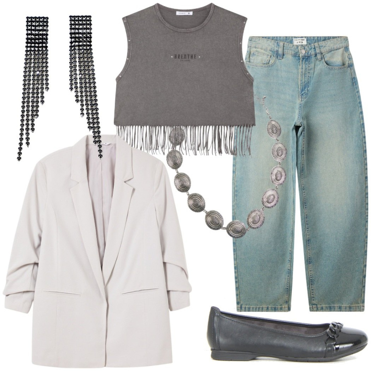 Outfit donna - Serata fuori. Stile Casual chic per Serata fuori. Abbinamento con jeans, blazer, top, cinture, orecchini, ballerine.
