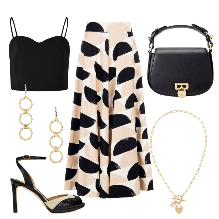 Outfit donna - Total look #2180484. Stile Chic per Cerimonia. Abbinamento con top, gonne longuette, borse a tracolla, sandali in pelle, orecchini, collane.