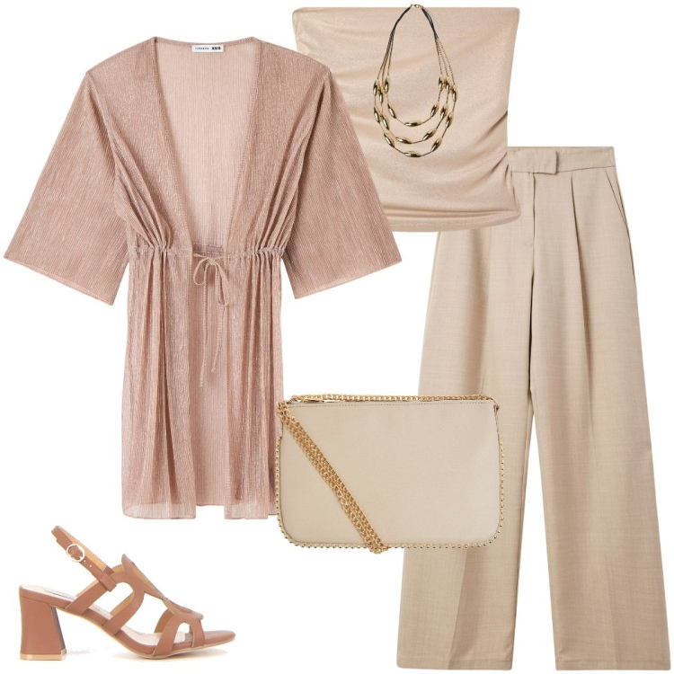 Outfit donna - Coordinati leggeri. Stile Casual chic per Serata fuori. Abbinamento con pantaloni, caftani, borse a tracolla, top, sandali col tacco, collane.