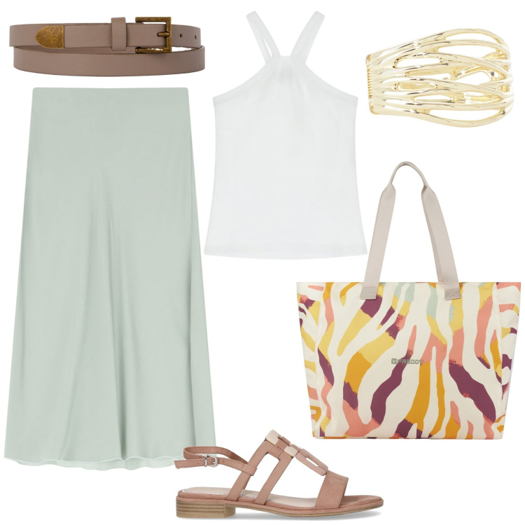 Outfit donna - Pomeriggi d\'estate.. Stile Basic per Tutti i giorni. Abbinamento con top, gonne lunghe, braccialetti, shopping bag, cinture, sandali.