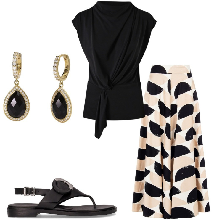 Outfit donna - Coordinati leggeri. Stile Chic per Serata fuori. Abbinamento con orecchini, top, gonne longuette, ciabatte.