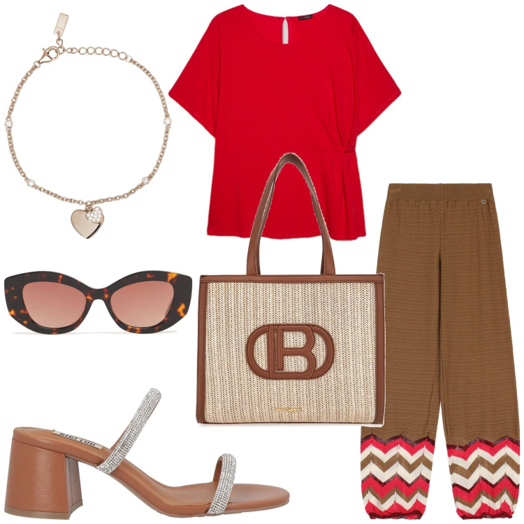 Outfit donna - Pomeriggio in centro. Stile Casual per Tutti i giorni. Abbinamento con sandali in pelle, braccialetti con ciondoli, pantaloni, borse a spalla, bluse, occhiali da sole.