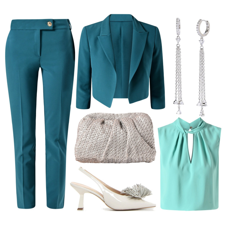 Outfit donna - Total look #2180495. Stile Casual per Cerimonia. Abbinamento con orecchini, blazer, pantaloni, clutch, top, décolleté.