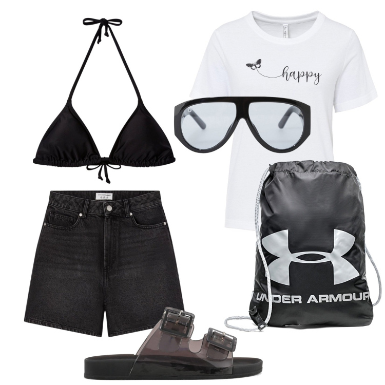 Outfit donna - Total look #2180497. Stile Basic per Mare. Abbinamento con t-shirt, bermuda, bikini, occhiali da sole, zaini, sandali.