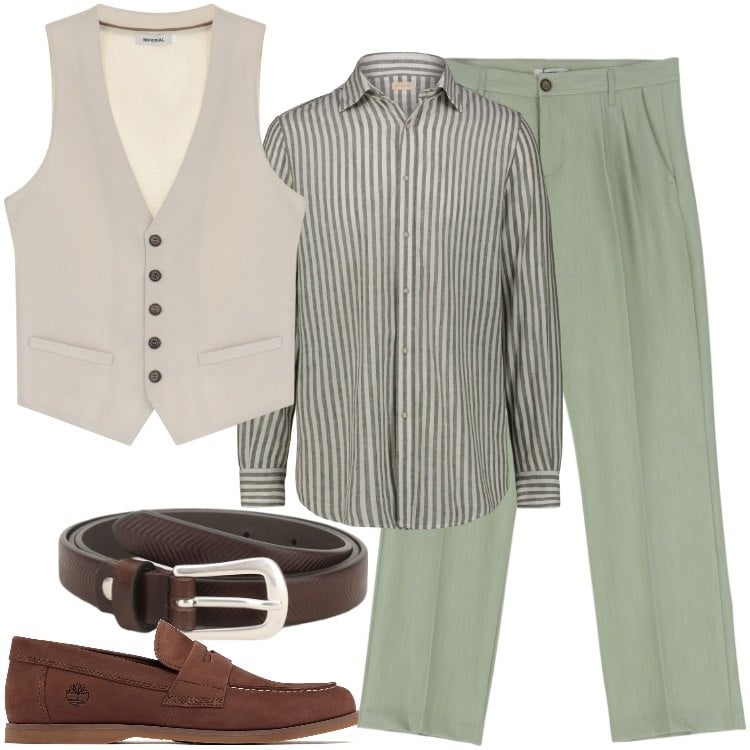 Outfit uomo - Cerimonia estiva. Stile Urban per Cerimonia. Abbinamento con cinture, pantaloni, gilet, camicie, scarpe stringate.