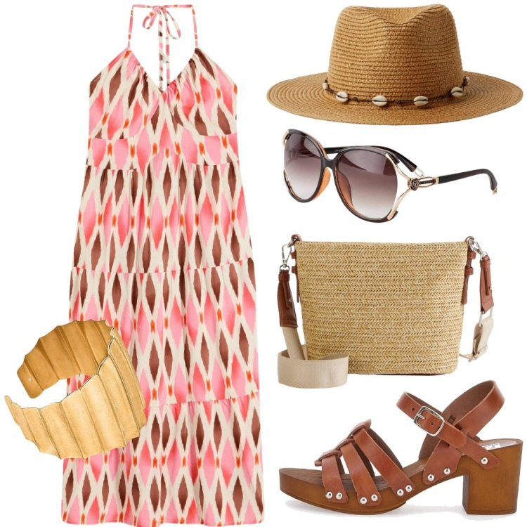 Outfit donna - Vacanza in Sardegna. Stile Casual chic per Mare. Abbinamento con borse a tracolla, occhiali da sole, vestiti midi/longuette, cappelli, zoccoli, braccialetti.