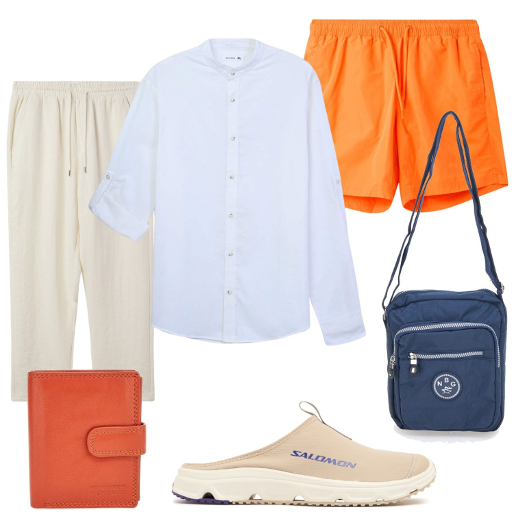 Outfit uomo - Stessa spiaggia. Stile Casual per Mare. Abbinamento con pantaloni, camicie, costumi, portafogli, borse sportive, sneakers.