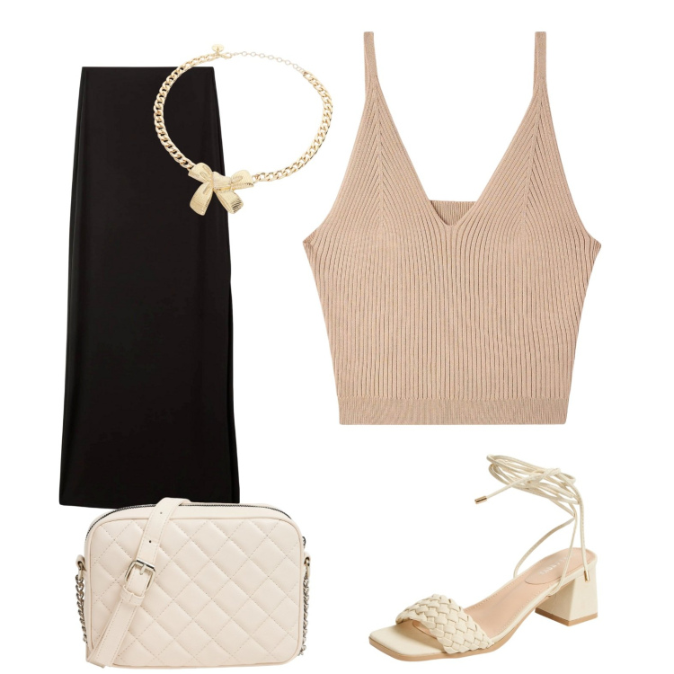 Outfit donna - Serata al mare. Stile Romantica per Serata fuori. Abbinamento con gonne lunghe, top, sandali alla schiava, borse a tracolla, collane.