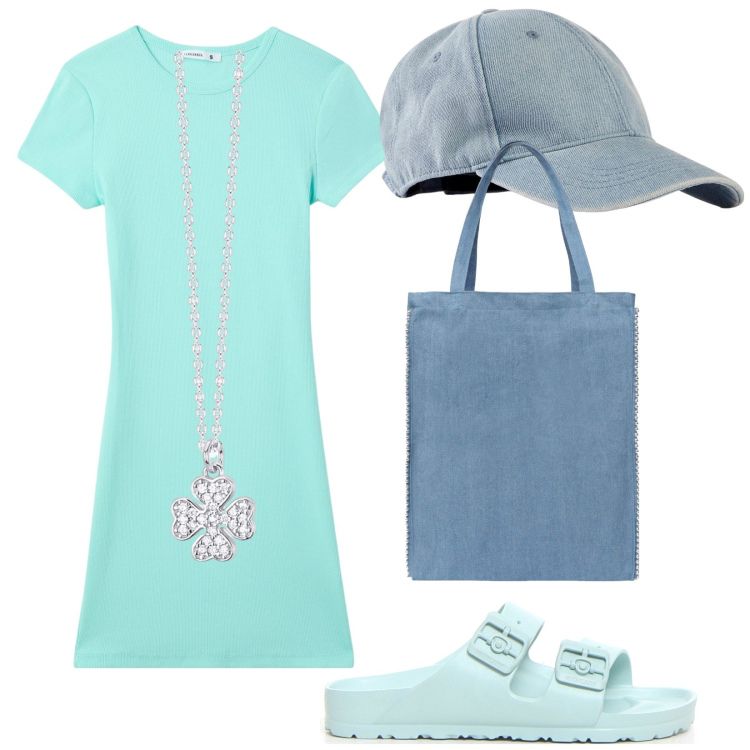 Outfit donna - Al bar della spiaggia. Stile Casual per Tutti i giorni. Abbinamento con cappelli con visiera, borse tote, vestiti, collane, ciabatte.