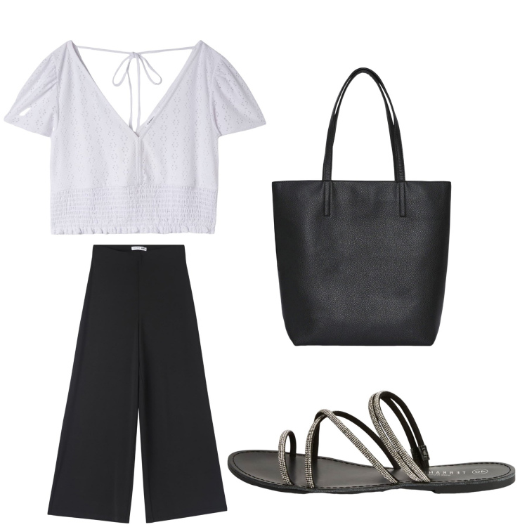Outfit donna - Aperitivo. Stile Trendy per Tutti i giorni. Abbinamento con bluse, pantaloni culotte, borse tote, sandali.