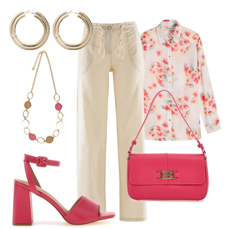 Outfit donna - Dettagli fragola. Stile Glamour per Ufficio. Abbinamento con pantaloni a palazzo, bluse, orecchini, sandali col tacco, borse a spalla, collane.