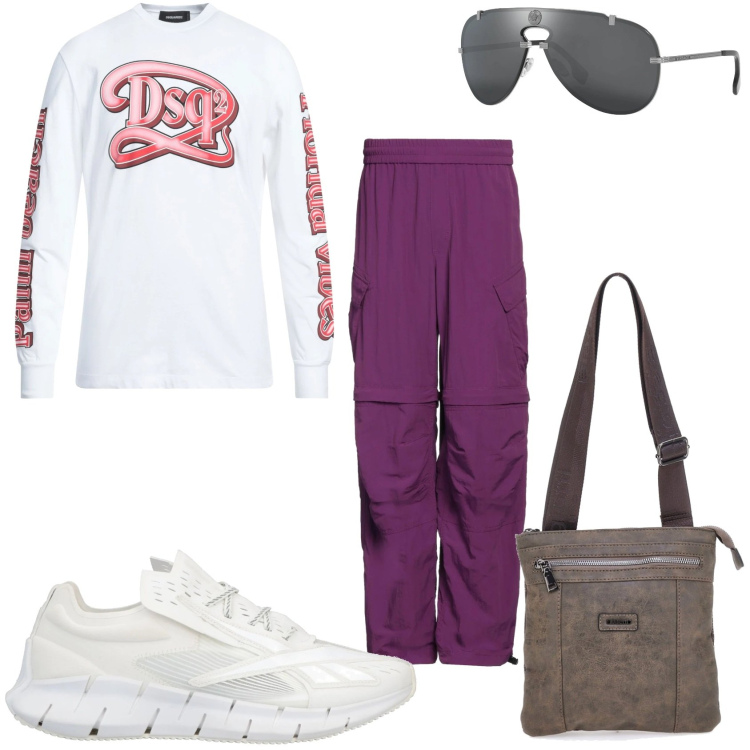 Outfit uomo - Gita a settembre. Stile Urban per Tutti i giorni. Abbinamento con sneakers, occhiali da sole, t-shirt, pantaloni cargo, portafogli.