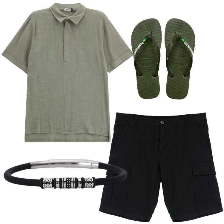 Outfit uomo - Al mare. Stile Casual per Tutti i giorni. Abbinamento con braccialetti, polo, bermuda, sandali.