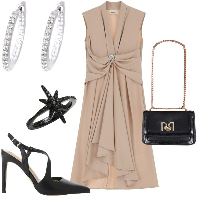 Outfit donna - Elegante da cerimonia. Stile Chic per Cerimonia. Abbinamento con anelli, orecchini, borse a tracolla, décolleté, vestiti midi/longuette.