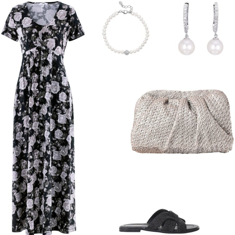 Outfit donna - Il maxi dress a fiori. Stile Casual chic per Serata fuori. Abbinamento con vestiti lunghi, orecchini, braccialetti, clutch, sandali.