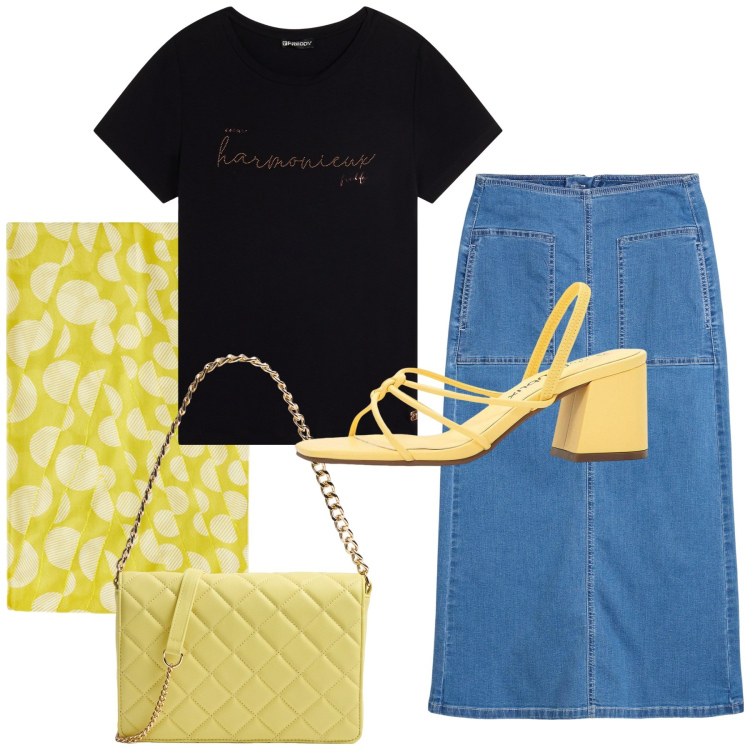 Outfit donna - Un foulard giallo limone. Stile Bon Ton per Tutti i giorni. Abbinamento con sandali col tacco, gonne longuette, borse a tracolla, t-shirt, stole.