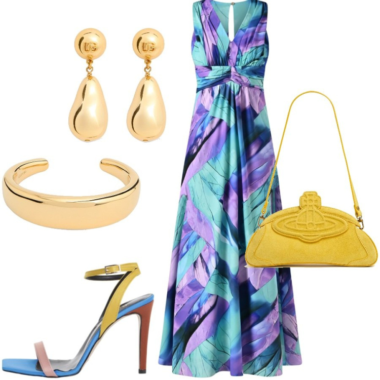 Outfit donna - Un tocco di giallo. Stile Casual chic per Serata fuori. Abbinamento con sandali col tacco, vestiti lunghi, braccialetti, clutch, orecchini.