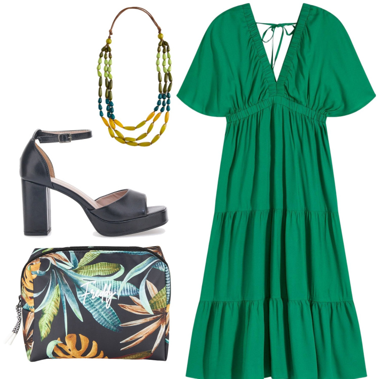 Outfit donna - Pomeriggio smeraldo. Stile Romantica per Tutti i giorni. Abbinamento con vestiti midi/longuette, valigie, sandali col tacco, collane.