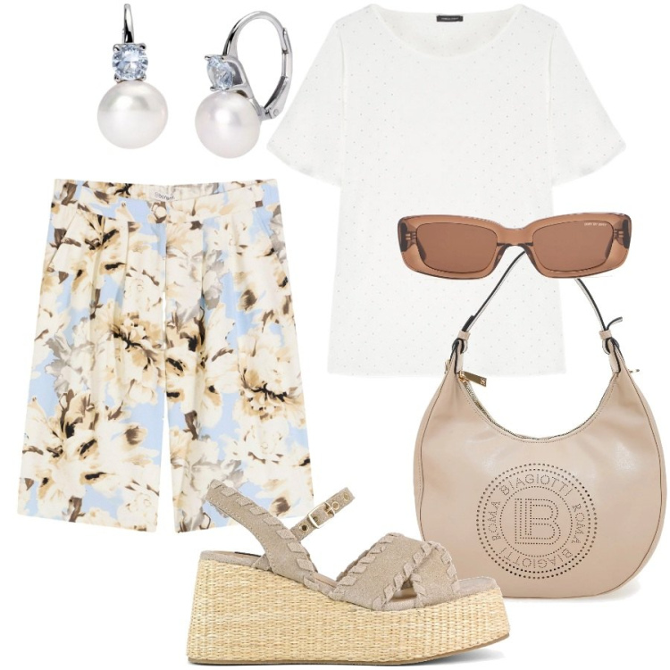 Outfit donna - Visitando città d\'arte. Stile Casual chic per Tutti i giorni. Abbinamento con bermuda, orecchini, borse a spalla, zeppe, bluse, occhiali da sole.