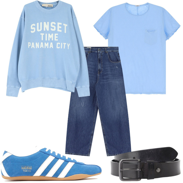 Outfit uomo - In gita a fine estate. Stile Urban per Tutti i giorni. Abbinamento con jeans, cinture, t-shirt, felpe, sneakers.
