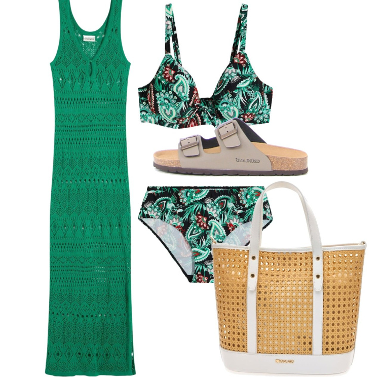 Outfit donna - Weekend al mare. Stile Chic per Mare. Abbinamento con bikini, vestiti lunghi, ciabatte, borse a spalla.