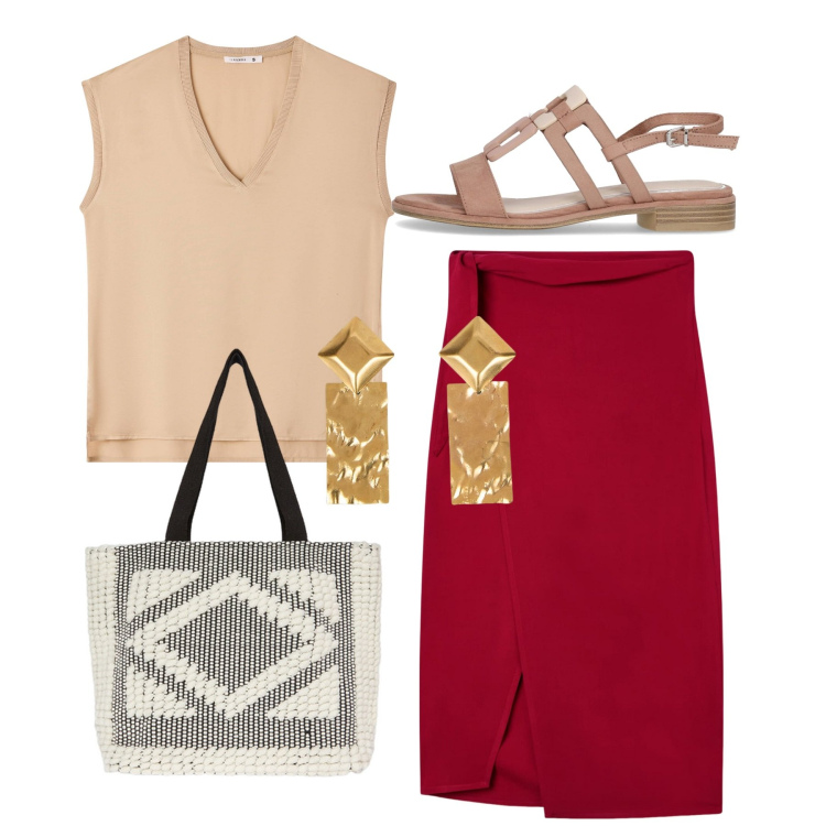Outfit donna - Una gonna rosso acceso. Stile Bon Ton per Tutti i giorni. Abbinamento con gonne longuette, top, shopping bag, sandali, orecchini.
