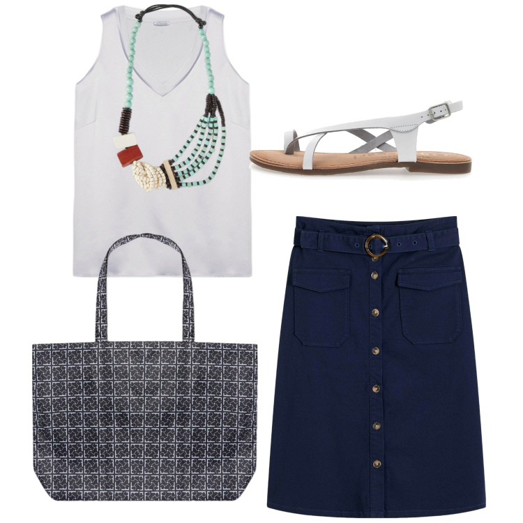 Outfit donna - Passo svelto. Stile Bon Ton per Tutti i giorni. Abbinamento con gonne, sandali, shopping bag, top, collane.