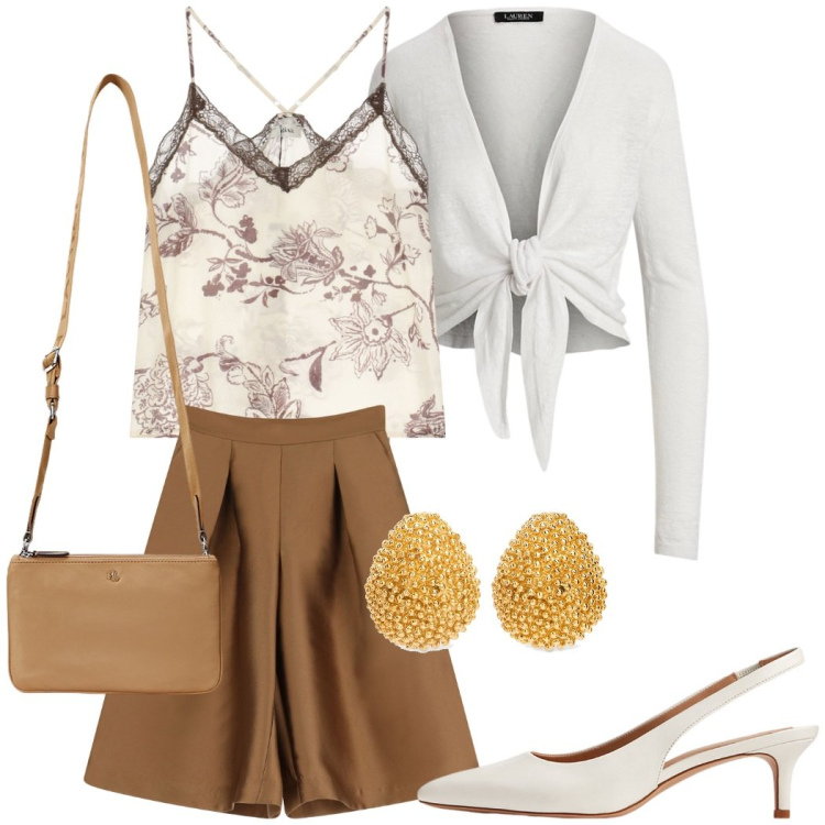 Outfit donna - Bermuda chic. Stile Casual chic per Serata fuori. Abbinamento con décolleté, borse a tracolla, cardigans, top, bermuda, orecchini.
