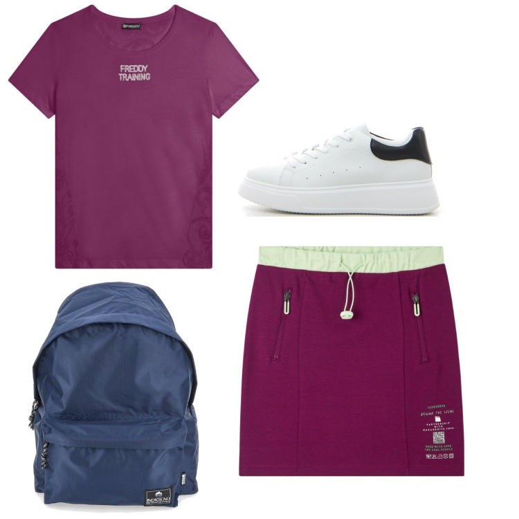 Outfit donna - Sport. Stile Sporty chic per Tutti i giorni. Abbinamento con minigonne, t-shirt, sneakers, zaini.