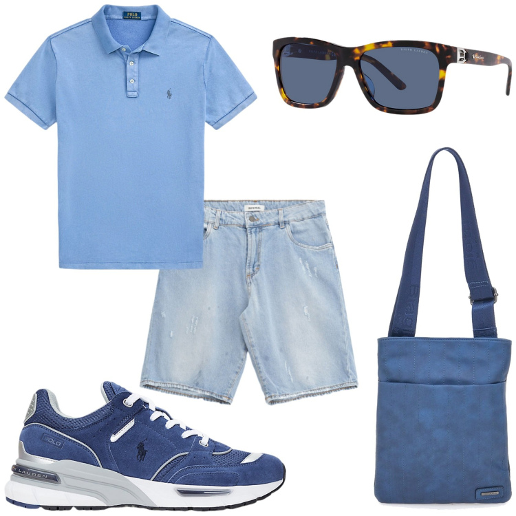 Outfit uomo - In città in libertà. Stile Urban per Tutti i giorni. Abbinamento con bermuda, occhiali da sole, sneakers, polo, portafogli.