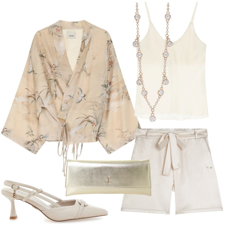 Outfit donna - Raffinata sensualità. Stile Casual chic per Serata fuori. Abbinamento con collane, pochette, shorts, trench, top, décolleté.