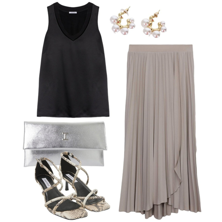 Outfit donna - Cerimonia. Stile Chic per Cerimonia. Abbinamento con gonne lunghe, sandali col tacco, pochette, orecchini, top.