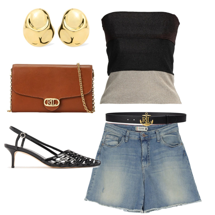 Outfit donna - Serata shorts. Stile Casual chic per Serata fuori. Abbinamento con top, shorts, borse a tracolla, cinture, scarpe col tacco, orecchini.