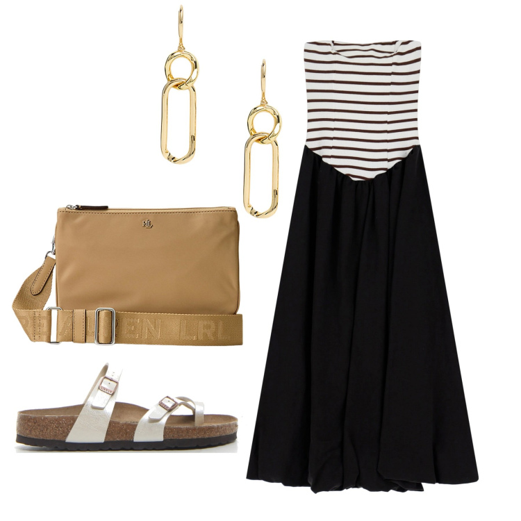 Outfit donna - Strapless. Stile Bon Ton per Tutti i giorni. Abbinamento con vestiti lunghi, borse a tracolla, orecchini, infradito.