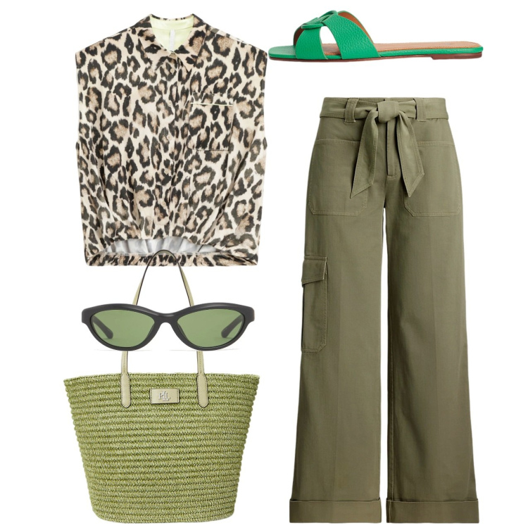 Outfit donna - Leo e flat. Stile Casual chic per Tutti i giorni. Abbinamento con camicie, pantaloni cargo, borse tote, ciabatte, occhiali da sole.