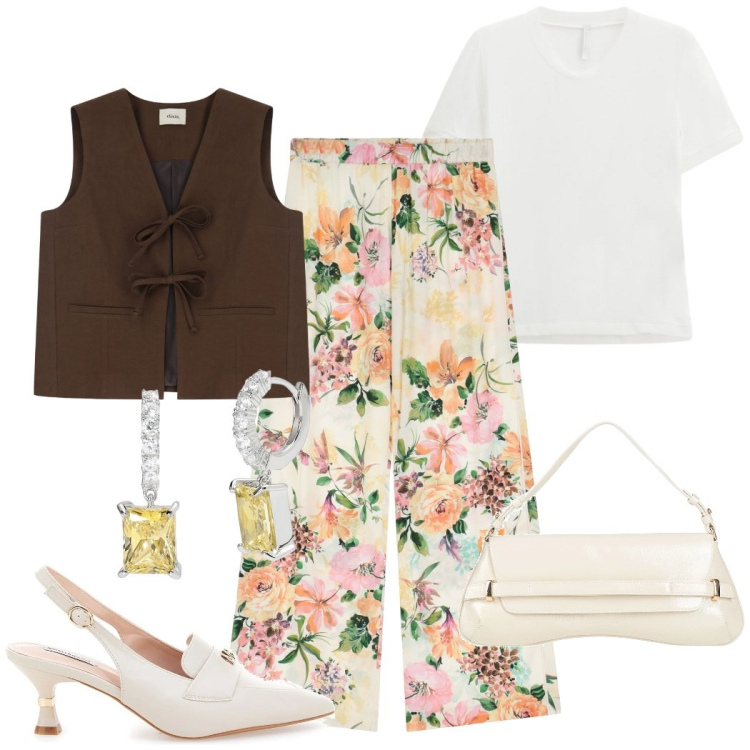 Outfit donna - Cerimonia style. Stile Casual chic per Cerimonia. Abbinamento con borse a mano, orecchini, pantaloni a palazzo, t-shirt, gilet, décolleté.